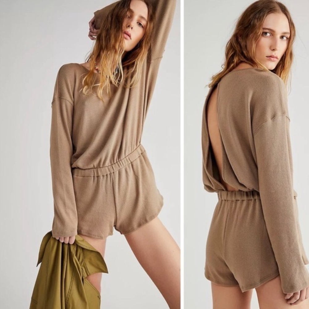 🌞 FREE PEOPLE Taupe Brown Pelican Knit Open-Back Sweatshirt Romper